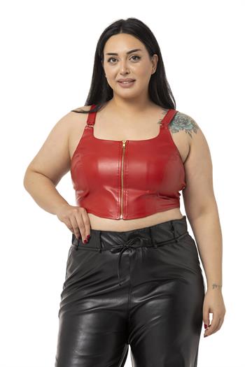 Büyük Beden Fermuar Detaylı Deri Kırmızı Büstiyer