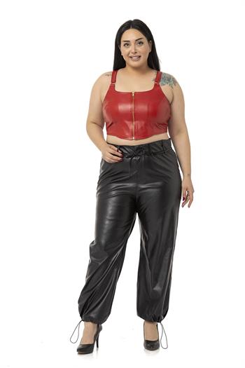 Büyük Beden Fermuar Detaylı Deri Kırmızı Büstiyer