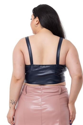 Büyük Beden Fermuar Detaylı Deri Lacivert Büstiyer