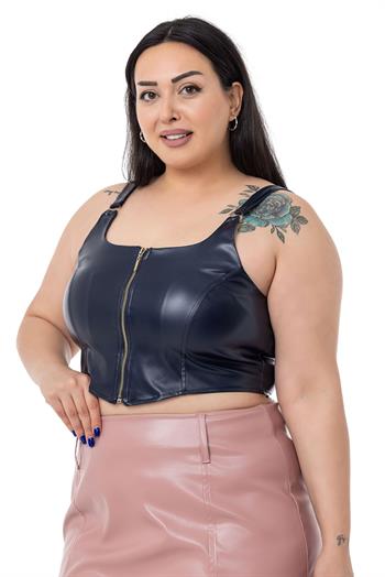 Büyük Beden Fermuar Detaylı Deri Lacivert Büstiyer