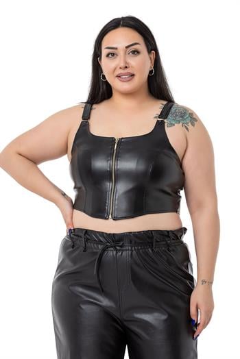 Büyük Beden Fermuar Detaylı Deri Siyah Büstiyer