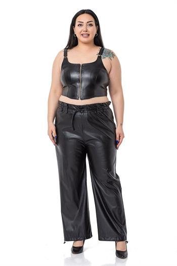 Büyük Beden Fermuar Detaylı Deri Siyah Büstiyer