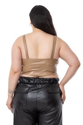 Büyük Beden Fermuar Detaylı Deri Vizon Büstiyer