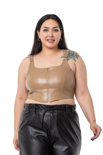 Büyük Beden Fermuar Detaylı Deri Vizon Büstiyer