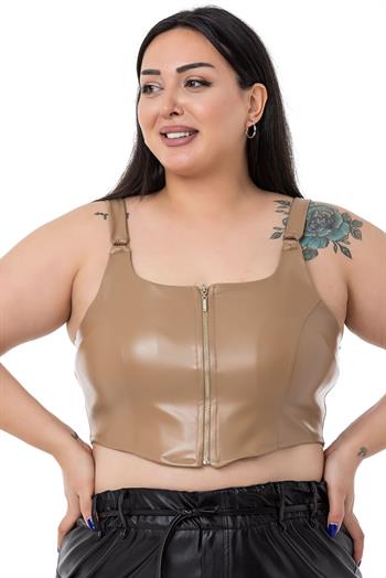 Büyük Beden Fermuar Detaylı Deri Vizon Büstiyer