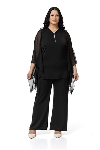 Büyük Beden Fermuar Detaylı Geniş Kesim Bluz Pantolon Siyah İkili Takım