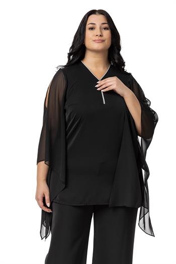 Büyük Beden Fermuar Detaylı Geniş Kesim Bluz Pantolon Siyah İkili Takım