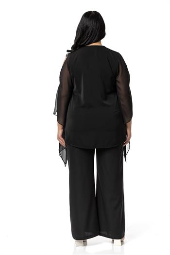 Büyük Beden Fermuar Detaylı Geniş Kesim Bluz Pantolon Siyah İkili Takım