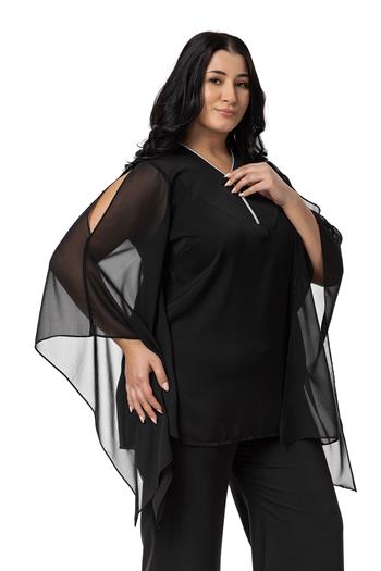 Büyük Beden Fermuar Detaylı Geniş Kesim Bluz Pantolon Siyah İkili Takım