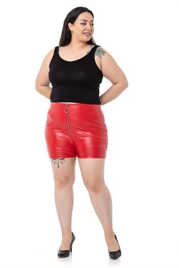 Plus Size Zipper Closure Red Leather Shorts
