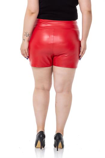 Plus Size Zipper Closure Red Leather Shorts
