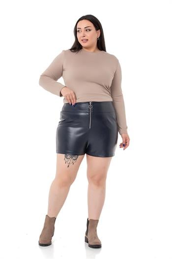 Plus Size Zipper Closure Navy Blue Leather Shorts