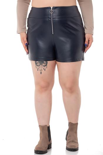 Plus Size Zipper Closure Navy Blue Leather Shorts