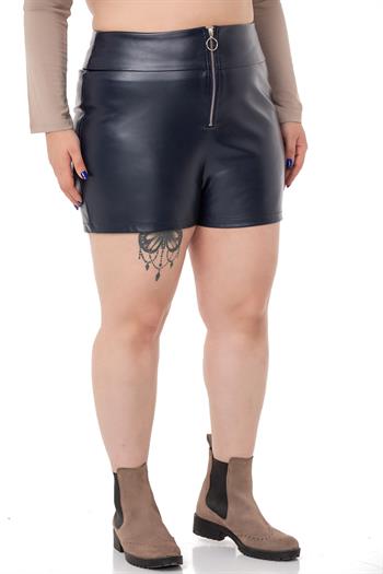 Plus Size Zipper Closure Navy Blue Leather Shorts