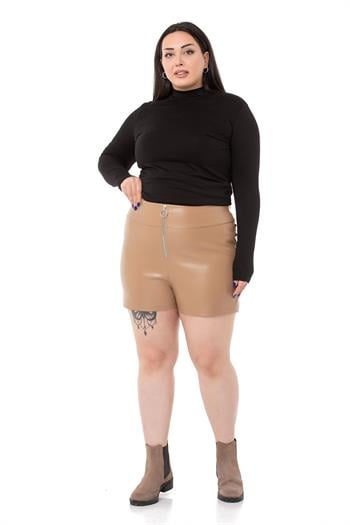 Plus Size Zipper Closure Mink Leather Shorts