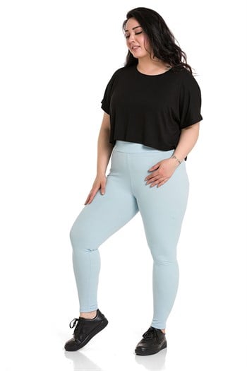 Büyük Beden Fitilli Beli Lastikli Bilek Hizasında Bebe Mavi Bayan Tayt