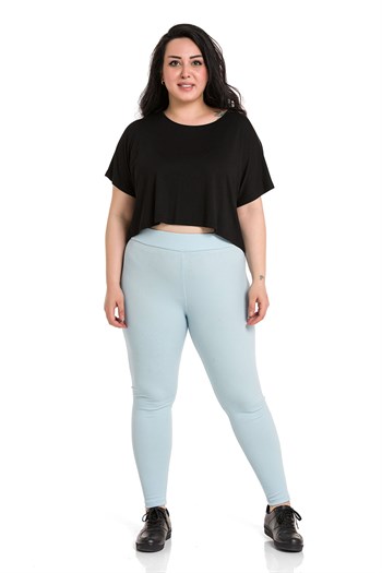 Büyük Beden Fitilli Beli Lastikli Bilek Hizasında Bebe Mavi Bayan Tayt