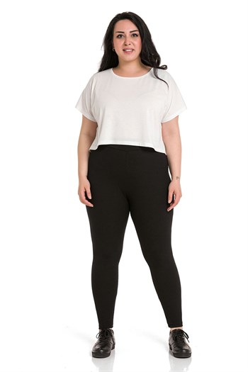 Büyük Beden Fitilli Beli Lastikli Bilek Hizasında Siyah Bayan Tayt