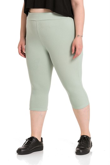 Büyük Beden Fitilli Beli Lastikli Karyoka Dikişli Diz Altı Yeşil Bayan Tayt