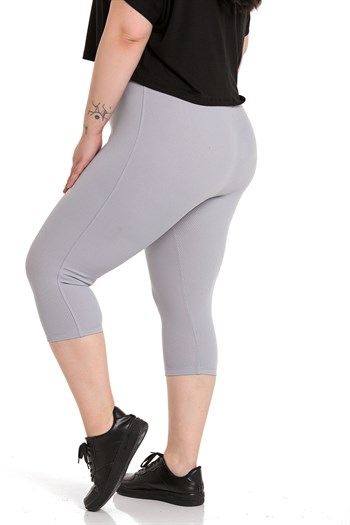 Büyük Beden Fitilli Beli Lastikli Karyoka Dikişli Diz Altı Gri Bayan Tayt