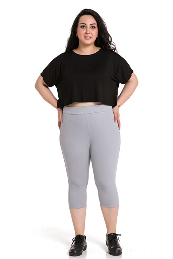 Büyük Beden Fitilli Beli Lastikli Karyoka Dikişli Diz Altı Gri Bayan Tayt