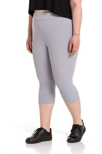 Büyük Beden Fitilli Beli Lastikli Karyoka Dikişli Diz Altı Gri Bayan Tayt