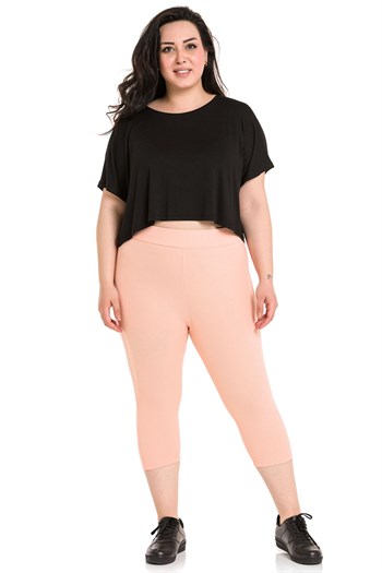 Büyük Beden Fitilli Beli Lastikli Karyoka Dikişli Diz Altı Somon Rengi Bayan Tayt