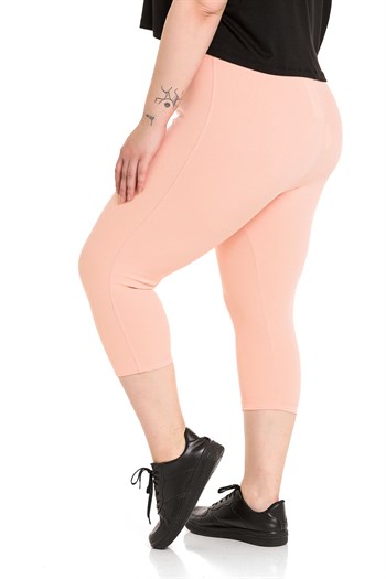 Büyük Beden Fitilli Beli Lastikli Karyoka Dikişli Diz Altı Somon Rengi Bayan Tayt