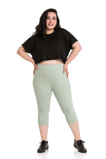 Büyük Beden Fitilli Beli Lastikli Karyoka Dikişli Diz Altı Yeşil Bayan Tayt