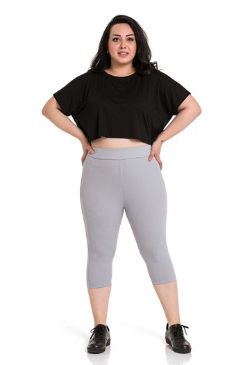 Büyük Beden Fitilli Beli Lastikli Karyoka Dikişli Diz Altı Gri Bayan Tayt