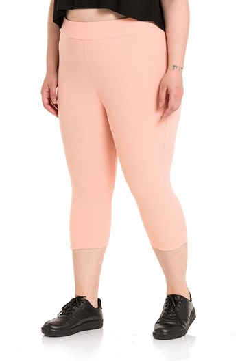 Büyük Beden Fitilli Beli Lastikli Karyoka Dikişli Diz Altı Somon Rengi Bayan Tayt