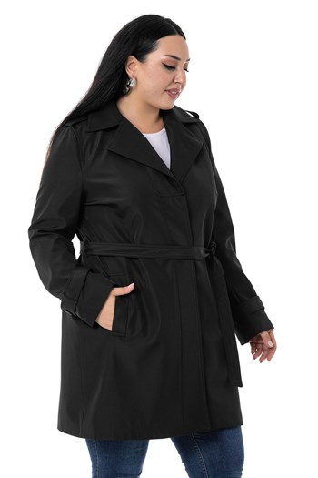 Büyük Beden Fleto Cepli Gizli Düğmeli Apoletli Astarlı Siyah Trençkot