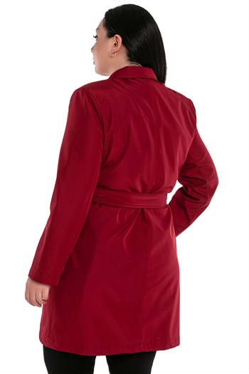 Plus Size Pocket Belted Double Breasted Lined Burgundy Jacket