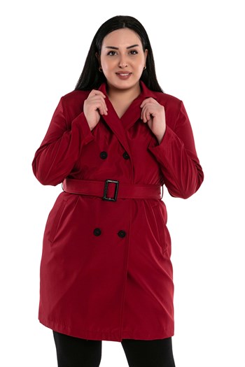 Plus Size Pocket Belted Double Breasted Lined Burgundy Jacket
