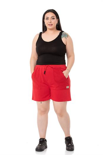 Plus Size Garnished Red Shorts with Three Thread Pockets and Elastic Waist and Tie Detail