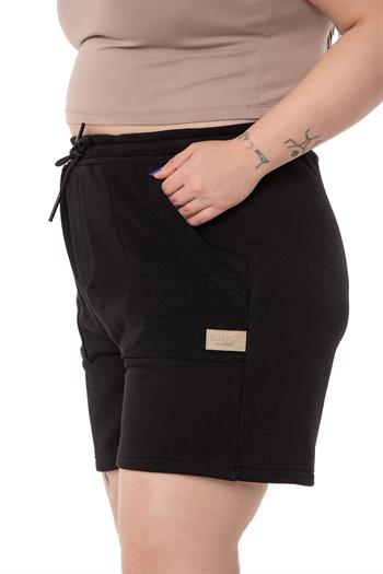 Plus Size Garnished Black Shorts with Three Thread Pockets and Elastic Waist and Tie Detail
