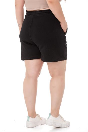 Plus Size Garnished Black Shorts with Three Thread Pockets and Elastic Waist and Tie Detail