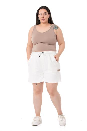 Plus Size Garnished White Shorts with Three Thread Pockets and Elastic Waist and Tie Detail