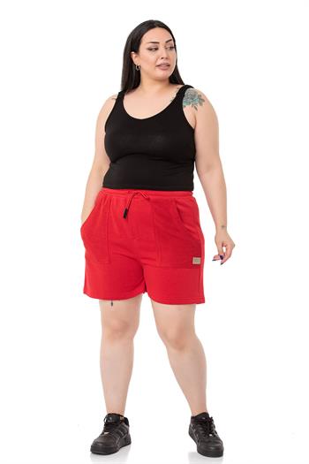 Plus Size Garnished Red Shorts with Three Thread Pockets and Elastic Waist and Tie Detail
