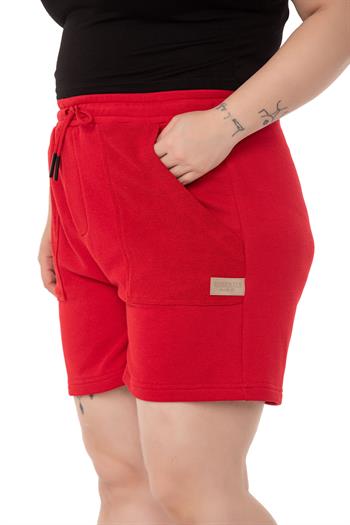 Plus Size Garnished Red Shorts with Three Thread Pockets and Elastic Waist and Tie Detail