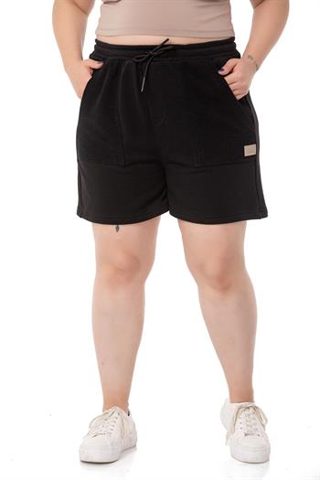 Plus Size Garnished Black Shorts with Three Thread Pockets and Elastic Waist and Tie Detail