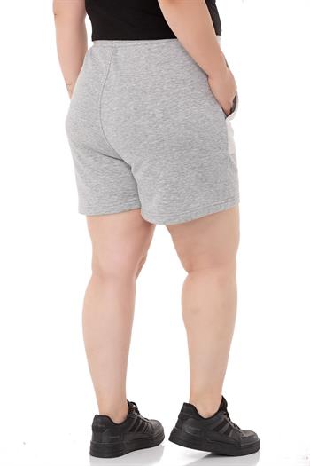 Plus Size Garnished Gray Melange Shorts with Three Thread Pockets and Elastic Waist and Tie Detail