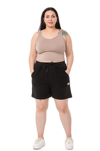 Plus Size Garnished Black Shorts with Three Thread Pockets and Elastic Waist and Tie Detail