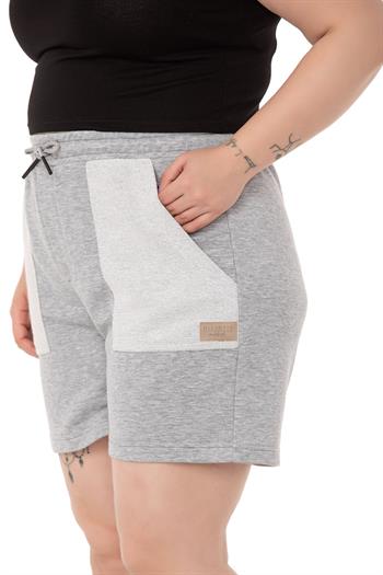 Plus Size Garnished Gray Melange Shorts with Three Thread Pockets and Elastic Waist and Tie Detail