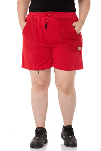 Plus Size Garnished Red Shorts with Three Thread Pockets and Elastic Waist and Tie Detail