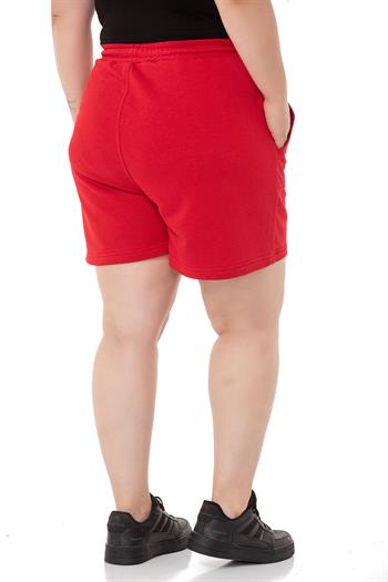 Plus Size Garnished Red Shorts with Three Thread Pockets and Elastic Waist and Tie Detail