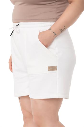 Plus Size Garnished White Shorts with Three Thread Pockets and Elastic Waist and Tie Detail