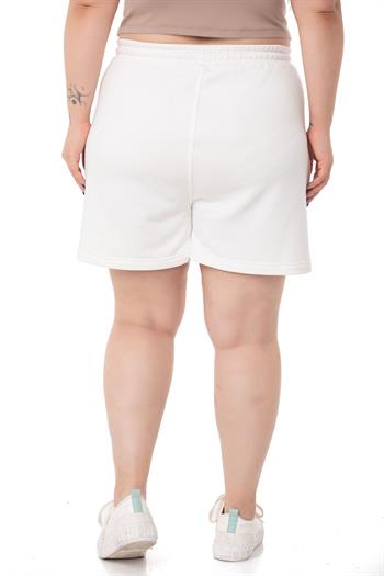 Plus Size Garnished White Shorts with Three Thread Pockets and Elastic Waist and Tie Detail