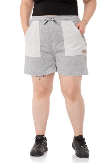 Plus Size Garnished Gray Melange Shorts with Three Thread Pockets and Elastic Waist and Tie Detail