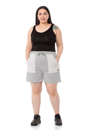 Plus Size Garnished Gray Melange Shorts with Three Thread Pockets and Elastic Waist and Tie Detail